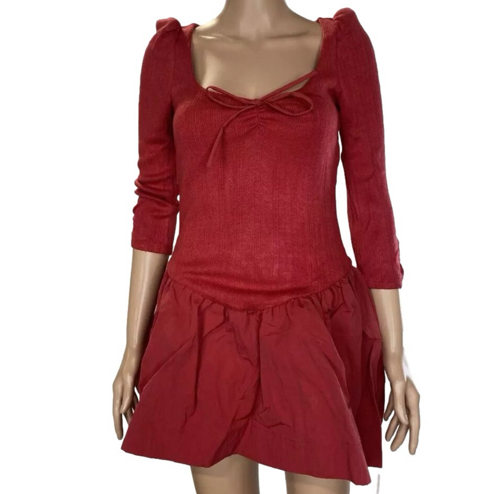NEW FOR LOVE & LEMONS Womens Aliyah Pointelle Mini Dress Size S Red
